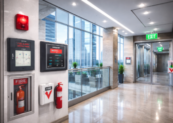 Modern city skyline at dusk with illuminated high-rise commercial buildings showcasing integrated fire safety and emergency management infrastructure.