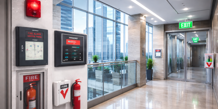 Modern city skyline at dusk with illuminated high-rise commercial buildings showcasing integrated fire safety and emergency management infrastructure.