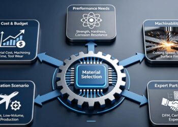 An infographic illustrating the 5-Dimension Framework for CNC material selection, covering Cost, Performance, Machinability, Application, and Expert Partnership, guiding engineers to make cost-effective decisions.